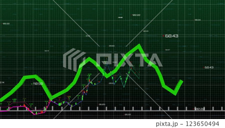 Financial graph image with fluctuating green line over grid background 123650494