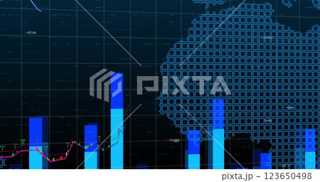 Financial data and stock market trends image over world map 123650498