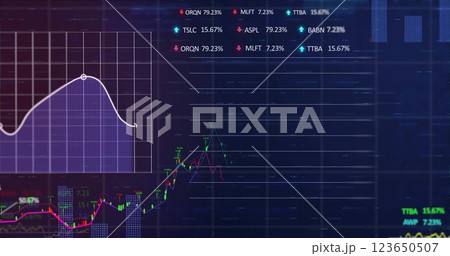 Stock market data and financial chart image over blue grid background 123650507