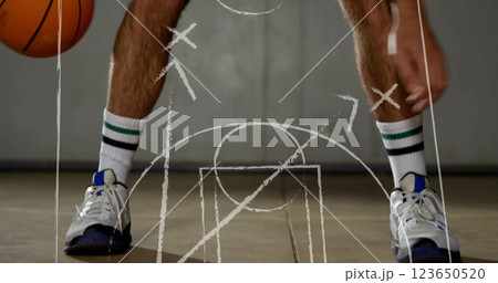 Basketball strategy image over player dribbling ball on court Basketball strategy image over player dribbling ball on court 123650520