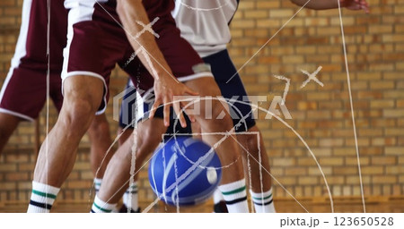 Basketball players in action with strategy lines image over scene 123650528