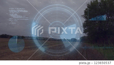 Radar scanning image over rural landscape with trees and cloudy sky Radar scanning image over rural landscape with trees and cloudy sky 123650537