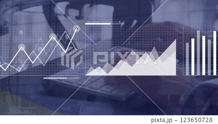 Image of financial data processing over caucasian businessman using computer Image of financial data processing over caucasian businessman using computer 123650728