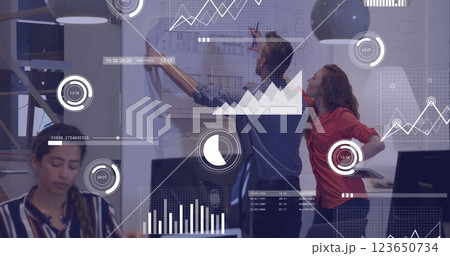 Image of financial data processing over diverse business people in office Image of financial data processing over diverse business people in office 123650734