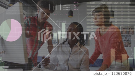 Image of data processing and diagrams over diverse colleagues discussing work in office Image of data processing and diagrams over diverse colleagues discussing work in office 123650876