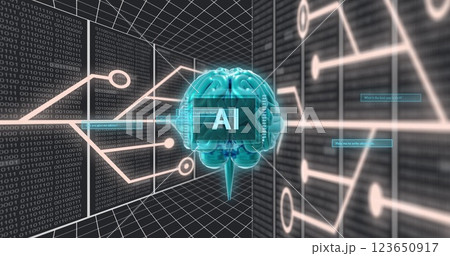 Image of digital brain spinning with ai text over connections 123650917