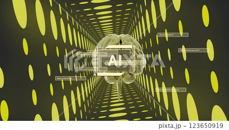 Image of digital brain spinning with ai text over yellow spots Image of digital brain spinning with ai text over yellow spots 123650919