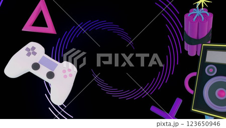 Image of game icons over spinning lines on black background Image of game icons over spinning lines on black background 123650946