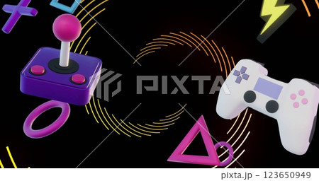 Image of game icons over spinning lines on black background 123650949