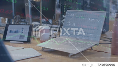 Image of financial data processing over computer on desk in office 123650990