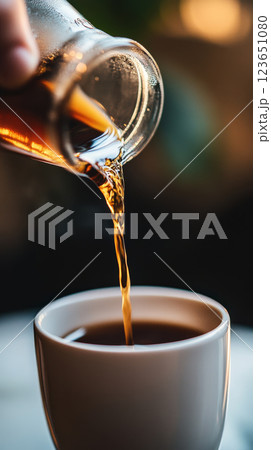 close up of coffee being poured from glass jar into white cup, capturing rich color and texture of beverage. warm tones create cozy atmosphere close up of coffee being poured from glass jar into white cup, capturing rich color and texture of beverage. warm tones create cozy atmosphere 123651080
