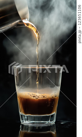 Rich coffee pouring into glass, steam rising, creating warm atmosphere Rich coffee pouring into glass, steam rising, creating warm atmosphere 123651106