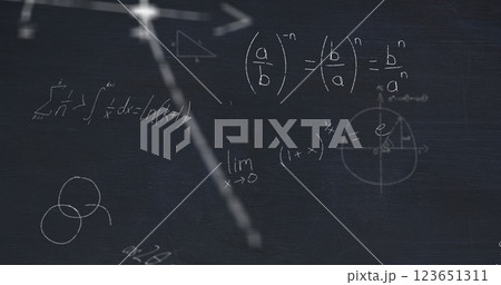 Image of layers of mathematical formulae and equations over black chalkboard 123651311