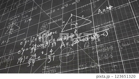 Image of layers of mathematical formulae and equations on grids over grey chalkboard Image of layers of mathematical formulae and equations on grids over grey chalkboard 123651320