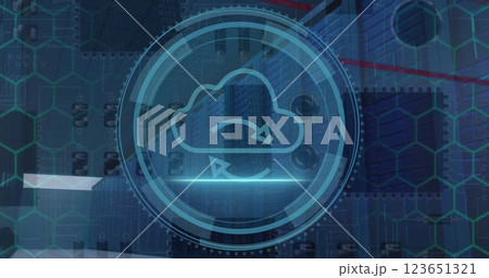 Image of data processing and scope with cloud over computer servers 123651321
