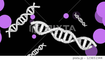 Image of dna strands spinning over glowing spots on dark background Image of dna strands spinning over glowing spots on dark background 123651344