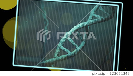 Image of dna strands spinning over glowing spots on dark background Image of dna strands spinning over glowing spots on dark background 123651345