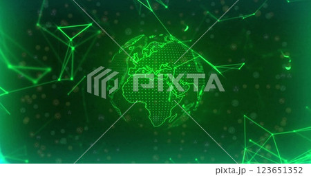 Image of network of connections over globe on black background 123651352