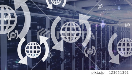 Image of globes and data processing over computer servers Image of globes and data processing over computer servers 123651391