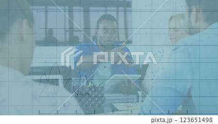 Image of financial data processing over diverse business people in office Image of financial data processing over diverse business people in office 123651498
