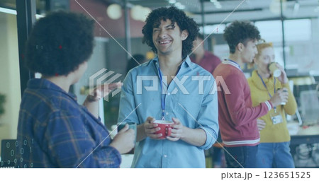 Image of data processing and shapes over diverse colleagues discussing work Image of data processing and shapes over diverse colleagues discussing work 123651525