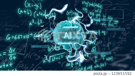 Image of spinning brain and ai text over mathematical equations and figures 123651592