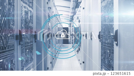 Image of padlock and cloud icon with digital data processing over computer servers 123651615