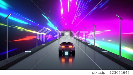 Image of car driving through tunnel with coloured light trails moving through it 123651645