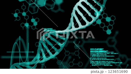 Image of data processing and chemical formula over dna strand 123651690