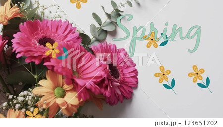 Image of spring text and stars over bunch of flowers 123651702