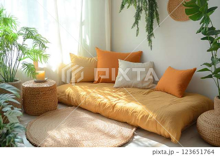 A cozy reading nook with mustard and white pillows on low couch, surrounded by indoor plants and natural light filtering A cozy reading nook with mustard and white pillows on low couch, surrounded by indoor plants and natural light filtering 123651764