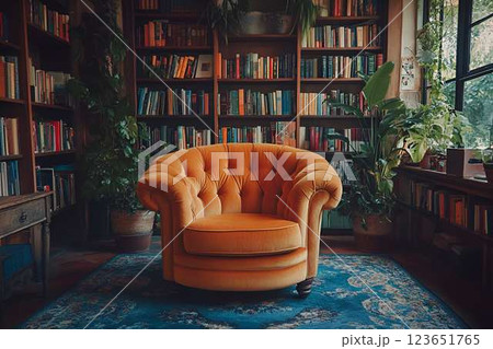 A plush orange velvet armchair sits in a home library filled with books and green plants, exuding a warm ambiance 123651765
