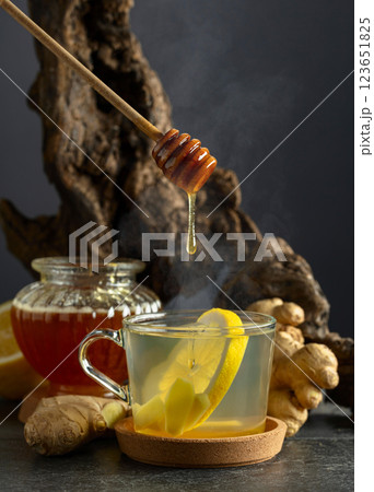 Ginger tea with lemon and honey. Ginger tea with lemon and honey. 123651825