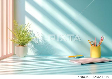 Minimalist workspace with a potted plant and colorful pencils in a sunlit room with soft shadows 123651879