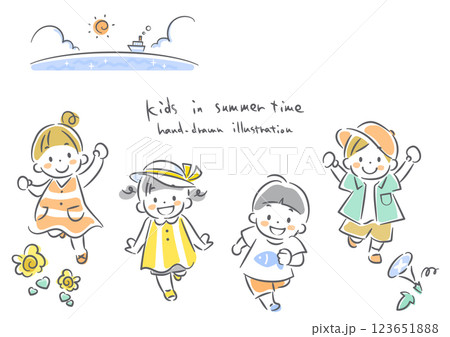 夏を楽しむこども達　手描き風のかわいい線画イラスト 123651888