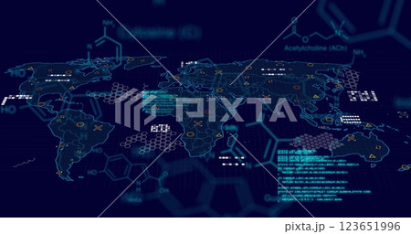 Image of scientific data processing and world map over dark background 123651996