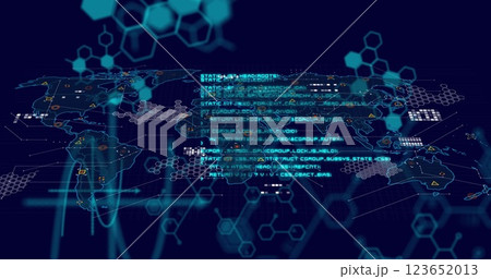 Image of scientific data processing and world map over dark background 123652013