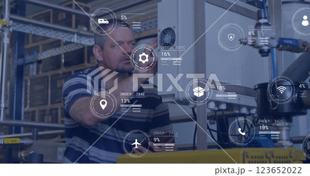 Image of icons and data processing over caucasian man working in factory 123652022