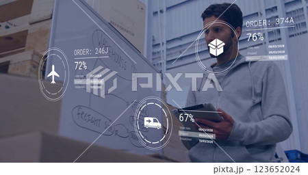 Image of icons and data processing over biracial man working in warehouse 123652024