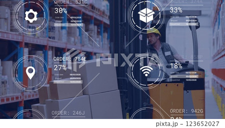 Image of icons and data processing over caucasian man working in warehouse 123652027