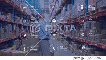 Image of icons and data processing over caucasian man working in warehouse 123652029