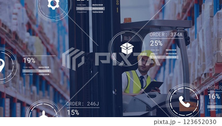 Image of icons and data processing over caucasian man working in warehouse 123652030