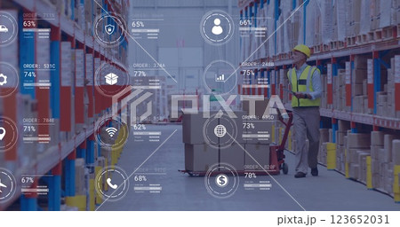 Image of icons and data processing over caucasian man working in warehouse 123652031