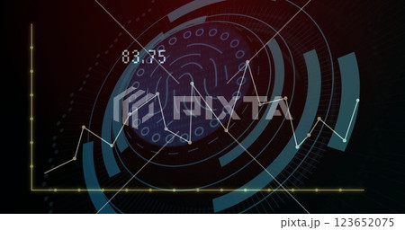 Image of biometric fingerprint icon and digital data processing over dark background 123652075