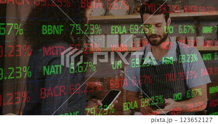 Image of financial data processing over diverse people paying with smartphone 123652127