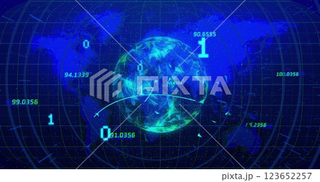 Image of binary coding digital data processing over globe and world map 123652257