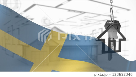Image of silver house key over flag of sweden and property drawing 123652346
