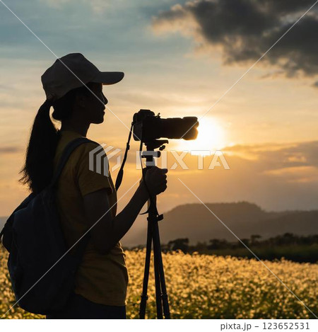 夕日を撮影するカメラマン 123652531