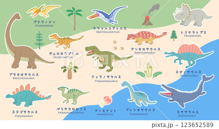 恐竜イラストセット  白いふち付き 123652589