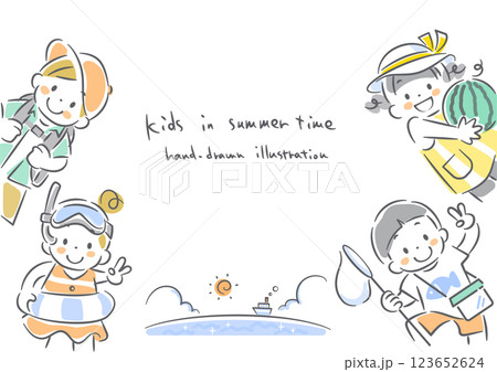夏を楽しむこども達　手描き風のかわいい線画イラスト 123652624